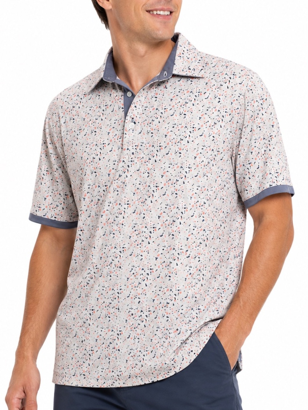 Swannies Golf Polo Shirt Men’s Medium White Terrazzo Print Performance Stretch